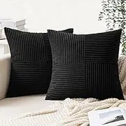 2 Pack Beige Boho Decorative Corduroy Throw Pillow Covers 18x18 Inch Soft Pillow Covers Solid Pillowcases Cross Patchwork Textured Cushion Covers for Living Room Decor Couch Bed Sofa-Black