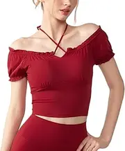 Women's Built-in Bra Yoga Top Off-Shoulder Workout Shirt,Short Sleeve Tops,Quick-Dry Fitness Tee with Lace Trim
