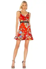 Revolve Alica + Olivia Red Floral Kirby Spaghetti Strap Ruffle Dress Sz. 4 $350