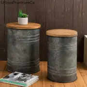 Set of 2 Farmhouse Metal Accent Table Durable Storage Stool Bin Organizer Decor