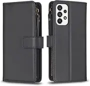for Samsung Galaxy A73 5G Wrist Strap Case, 9 Card Slots 1 Zipper Leather Wallet, Kickstand Flip Magnetic Clasp Handbag Phone Case Compatible with Samsung A73 5G 6.7 inch(Black)