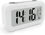Digital Alarm Clock LED Display, Bedside Snooze Smart Alarm Clock for Heavy Sleepers, Digital Clock with Temperature Travel Portable Alarm Clock for Bedroom Table and Travel, White