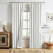 MAIHER Pinch Pleat White Blackout Curtains 96 Inches Long, Back Tab Linen Curtains Thermal Insulated Pleated Drapes with Hooks for Bedroom, 40"x96", Greyish White, 2 Panels Set