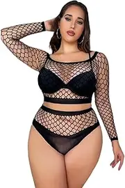 [CanB] Plus Size Fishnet Lingerie Sexy Mesh Bodystocking Lace Babydoll Bodysuit Rave Party Mesh Dress for Women and Girls