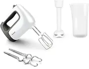 Tefal HT4611 Prep'Mix+ Hand Mixer | 500 Watt | Push Button with 5 Speeds + Turbo | Includes Accessories: 2 Whisks / 2 Dough Hooks/Purée Stick/Measuring Cup | White/Black