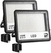 LED Flood Lights Outdoor, 2 Pack 150W 15000LM Bright Floodlight Outside Work Light with Plug, IP66 Waterproof 6500K Outdoor LED Flood Light for Garage, Yard, Lawn, Garden