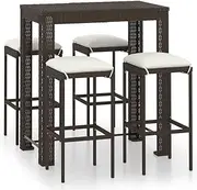 vidaXL 5-Piece Garden Bar Set with Cushions - Poly Rattan Brown - Outdoor Patio Furniture with Square Table, Cushioned Stools