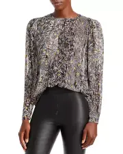 Aqua Black White Gold Patterned Puff Shoulder Long Sleeve Blouse Large NWT