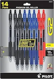 Pilot, G2 Premium Gel Roller Pens, Fine Point 0.7 mm, Blue, Black, Red, Pack of 14