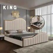 NNEDSZ Elegant Luxury King Size Bedframe in Beige with Gas Lift Storage Velvet F