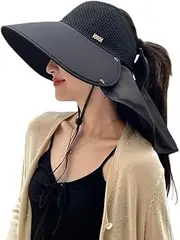 [Generic] Large-Brim Hollow Sunscreen Hat with Removable Neck Shawl, UPF 50 Outdoor UV Protection Foldable Sun Hat with Neck Flap