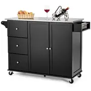 Costway Kitchen Trolley Cart Stainless Steel Rolling Serving Cart Shlef w/Drawers & Rack Utility Storage Cabinet Black