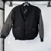 VTG New Zlander Boys Black Leather & Wool Varsity Jacket Size 14-16 Insulated