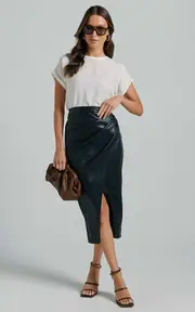 Gena Midi Skirt - Split Faux Leather Skirt in Black