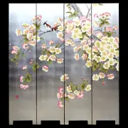 Oriental 4 Panels Silver Leaf Background Hand Lacquer Painted Folding Screen