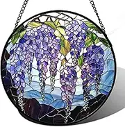 AMDERVEN Stained Glass Window Hanging, Wisteria Flower Sun Catcher for Door Home Decor Purple and Blue Suncatcher Christmas Mother's Day Birthday Gifts for Women Men Mom and Nana 7.8 in