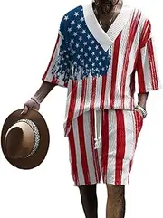 [HanzhuoLG] Men's Fashion Print Two Piece Set Oversize Stylish V Neck Short Sleeve T Shirt & Drawstring Shorts 2 Pcs Set 3X-Large