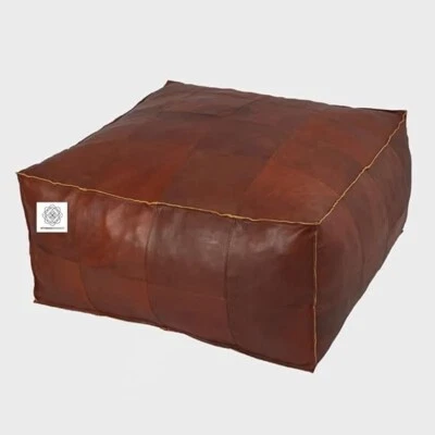Moroccan Leather Unstuffed Boho Ottoman 30'' Square Footstool Pouf Genuine Brown