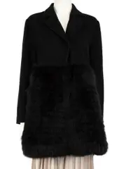 Black Wool Mid-Length Fur Trim Coat