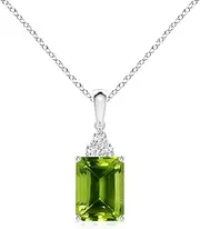 [Angara] Natural Emerald-Cut Peridot Pendant Necklace with Diamond Trio in Sterling Silver/14ct Solid Gold for Women | August Birthstone Jewellery for Her