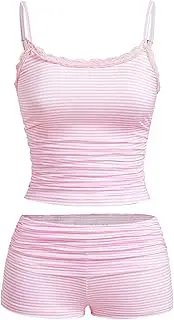 [Hilinker] Womens Sexy 2 Piece Pajama Set Lace Trim Ruched Cami and Shorts Summer Cute Pjs