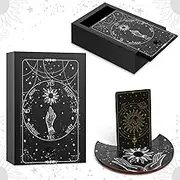 Wooden Tarot Card Case and Stand Holder, Fortune Telling Trinket Keepsake Box with Pendulum Board, Moon Shape Altar Display Stand for Witch (Fresh Style)
