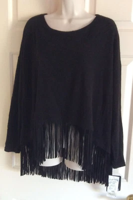 JOSEPH RIBKOFF Women Size 16 Knit Top Black Pullover Fringe Hi-Lo (NWT-$168)