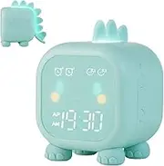 Floridliving Kids Alarm Clocks, Cute Dinosaur Digital Alarm Clock with Night Light, Snooze Mode, Temperature, Countdown, Voice Control, Dual Alarm, USB Port (Green)