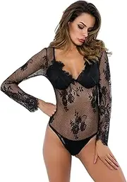 [JINZIJINYU] Babydoll Lingerie for Women Lace Does Not Need to Be Taken Off Provocative See Through Hollow Sexy One Piece Pajamas Emotional Temptation Long Sleeved Pajamas black