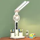 Dual Head LED Desk Lamp Fan Calendar Clock Display Dimmable Bedside Reading Lamp