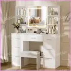 Dressing Table Stool Set with Mirror and Dimmable LED Vanity Makeup Desk White