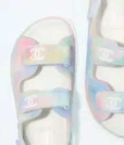 Chanel 22C Green Pink Blue White CC Logo Mule Slide Strap Flat Dad Sandal 38.5