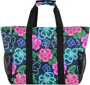 [sanluoli] Tote Bags Foldable Beach Bag Sandproof with Handles Tote Bag For Car, Summer Neon Hibiscus Frangipani Flower, 1 size