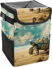 Car Trash Can with Lid and Storage Pockets Leak-Proof Organizer,Waterproof Garbage Can,Sea Turtle Beach