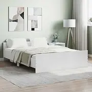 Bed Frame Without Mattress, Queen Size Platform with Headboard, White Wood Finish, 135x190 cm, Low Profile Modern Wooden Bedframe for Storage