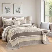 FineStichery Lightweight Queen Bedspreads 120x102, 100% Cotton Oversized Quilt, Striped Botanical Pattern Coverlet, Reversible Farmhouse Quilted Bedding Set 3 Piece, Brown/Taupe/Cream
