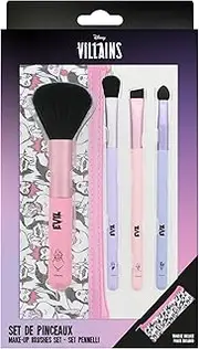 DISNEY VILLAINS – Set of 4 Make-up Brushes Villains, Ursula, Maleficent, Cruella d'Hell – Makeup Kit with Storage Bag – Official Product