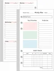 A6 Weekly Planner Refills for Filofax Personal Binders, 53 Sheets/106 Pages Undated Colorful Weekly Planner, 6-Hole Punched, 100 gsm White Paper, Lasts 1 Year, Undated, 3.75" x 6.75"