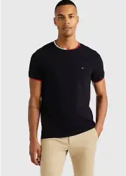Tommy Hilfiger Tipped Pique Slim Fit Tee Shirt Men's M Black Logo Short Sleeve