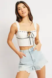 White Crop Top Sleeveless Eyelet Ribbon - Size 16XL, Women's Crop Top