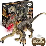 Nature Bound RC Dinosaur Toy 18-Inch Velociraptor Lights Up, Roars, Walks Forward, Back, Left & Right, Has Built-in Rechargeable Battery for 1 Full Hour of Play (Large, Brown)