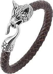 [BOSUGE] Charming Bracelet， Stainless Steel Steel Bracelet Domineering Vintage Wolf Head Fashion Viking Head Leather Rope Braided Middle Ages Gothic Cuff Bangle Jewelry (Color : Brown, Size : 18.5CM) (Color :