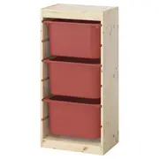 TROFAST storage combination with boxes, light white stained pine/red, 44x30x91 cm