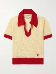 [Valentino Garavani] Valentino Garavani - Pointelle-knit Linen-blend Polo Shirt - Ecru - small small Ecru