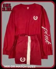 Victoria's Secret Pink Campus LS Tee Shirt + Ivy Shorts Set Red Lacquer Logo S M