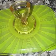 Vintage Pink Depression Glass Handled Etched Floral Striped Design Tidbit Tray