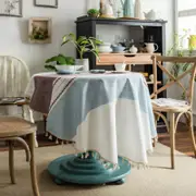 Catzon Stitching Tassel Kitchen Decoration Round Dustproof Tablecloth-Blue/Coffee