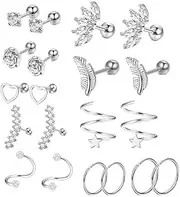 [Cunegra] 20PCS 16G Helix Piercing Jewellery for Women Tragus Cartilage Earring Flower Leaf Heart Conch Ear Stud, Silver, One Size, Alloy Steel, No Gemstone