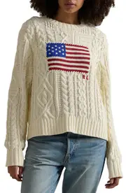 Polo Ralph Lauren Aran Stitch American Flag Cotton Crewneck Sweater in Cream at Nordstrom, Size Medium