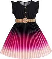 [Hilinker] Toddler Girl Pleated Dress Ruffle Sleeveless Sundress Retro Twirly Dresses with Belt